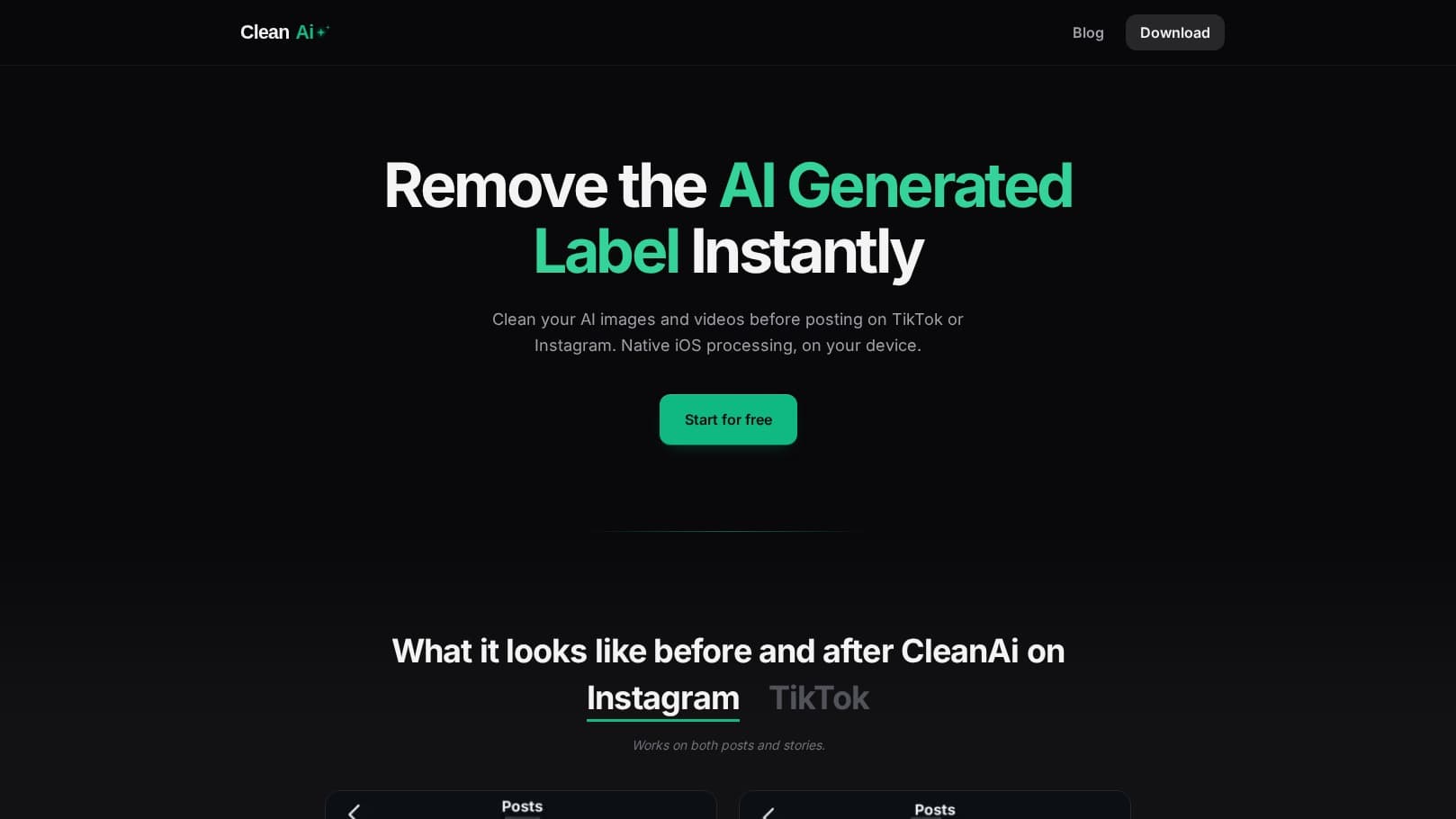 Aperçu du site de CleanAI, application iOS de nettoyage des contenus générés par IA